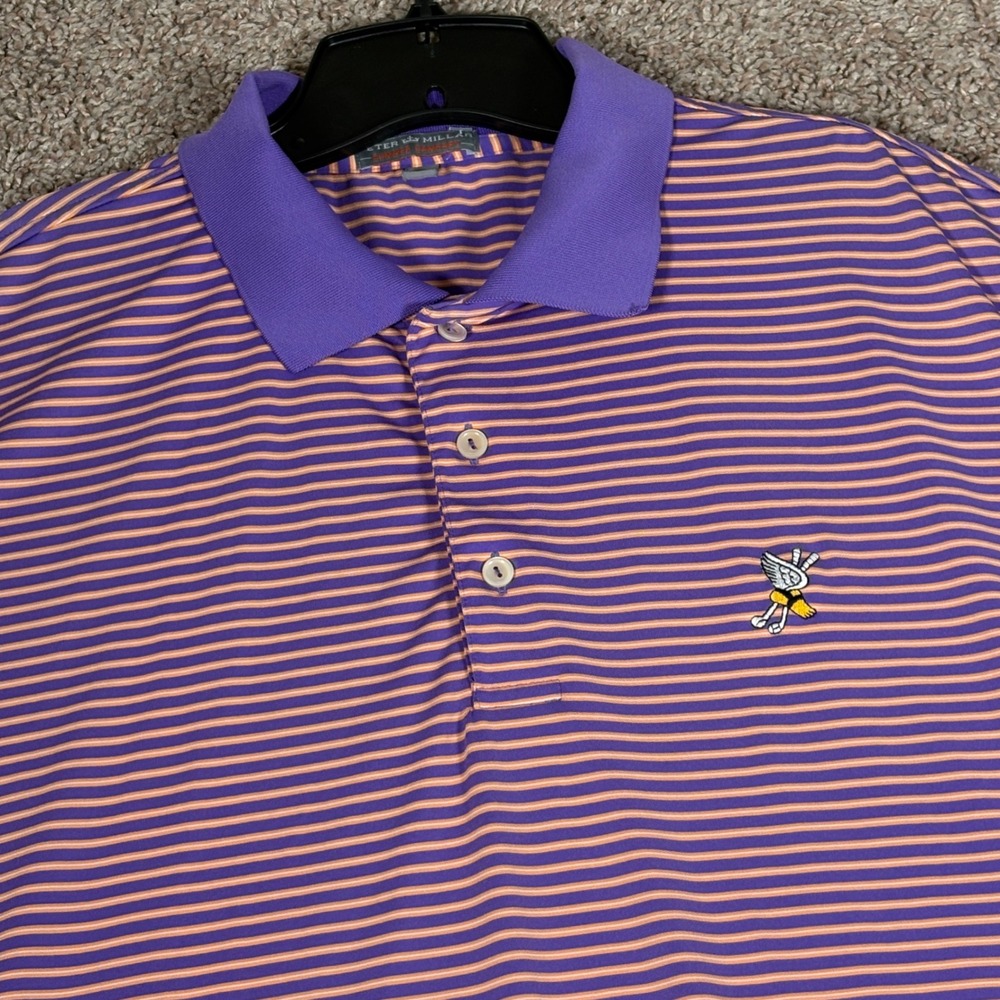 Peter Millar Summer Comfort Polo Shirt Mens XL Purple Orange Stripe Winged Golf